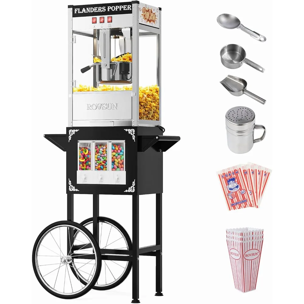 Movie Theater Style Popcorn Maker with 10 Oz Kettle Candy Dispenser Stainless Steel Black Warming Light up to 40 Cups