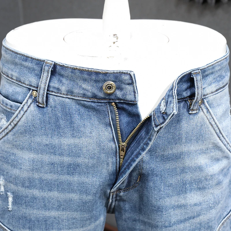 

Fashionable men's new jeans, painted, scratched, washed, nostalgic, elastic, slim fit decoration, blue jeans, designer high-qual