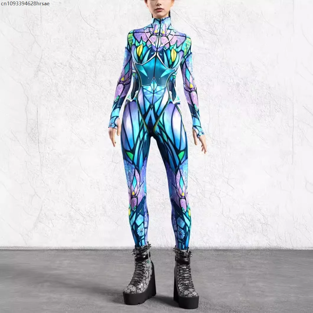 

Cool Armour Cyber Art Stripe Jumpsuit Holiday Party Cosplay Costume Halloween Shows Women Steampunk Bodysuit Performance Zentai