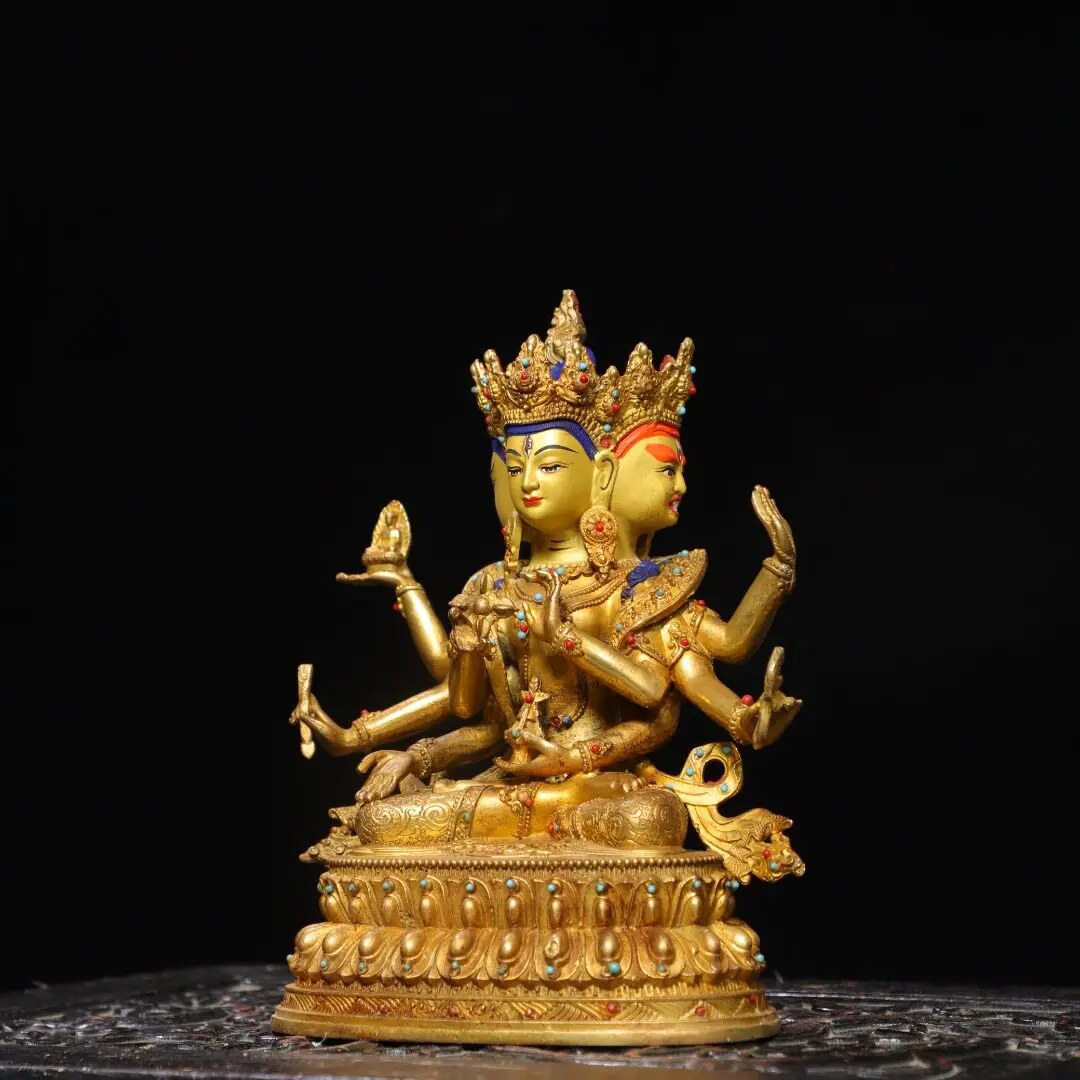 Ushnishavijaya Three Heads Eight Arms Brass Gold Gilded Tibetan Buddha Home Temple Decor