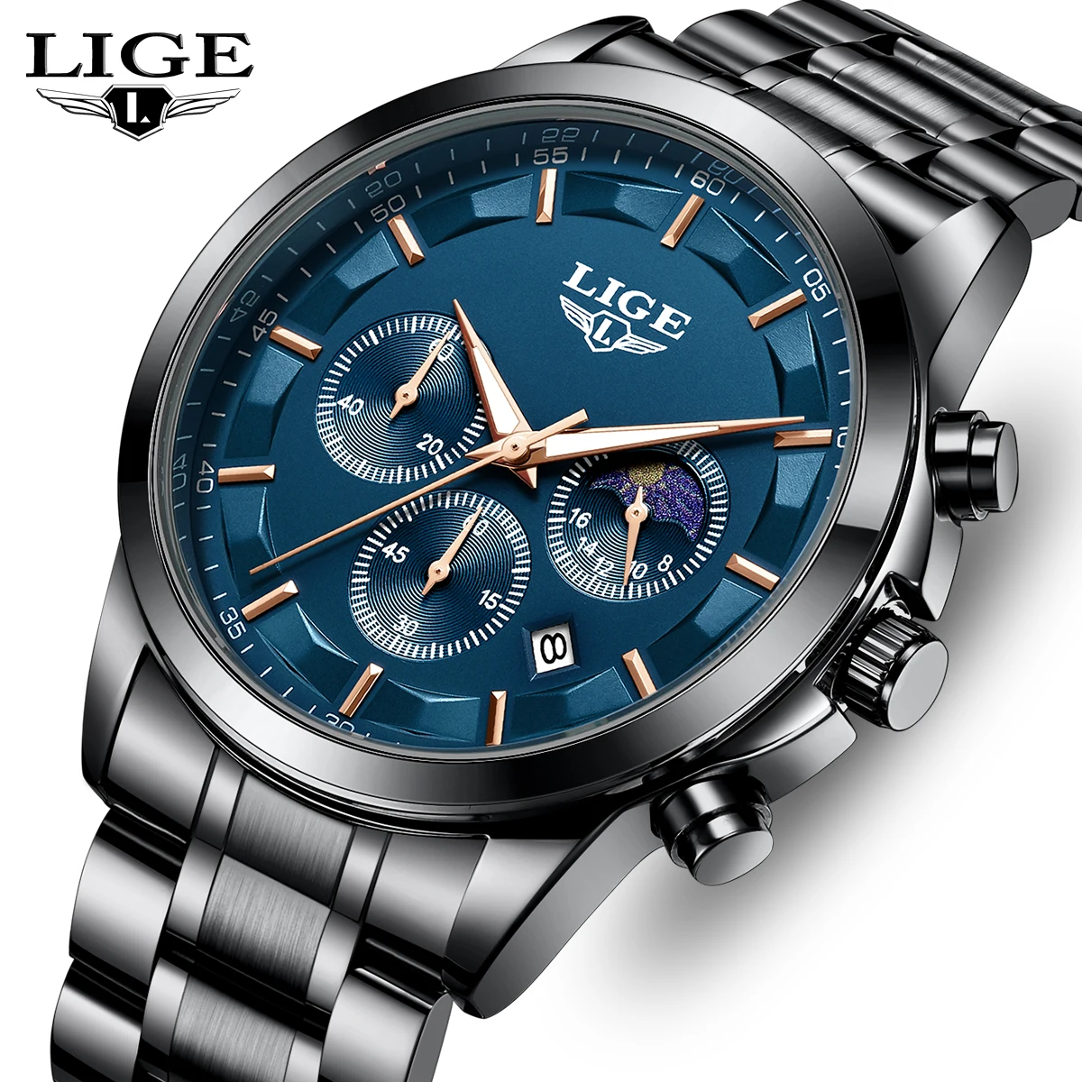 

LIGE Business Mens Watches Top Brand Luxury Quartz Wristwatch 3ATM Waterproof Chronograph Luminous Watch for Gentleman Gift+Box
