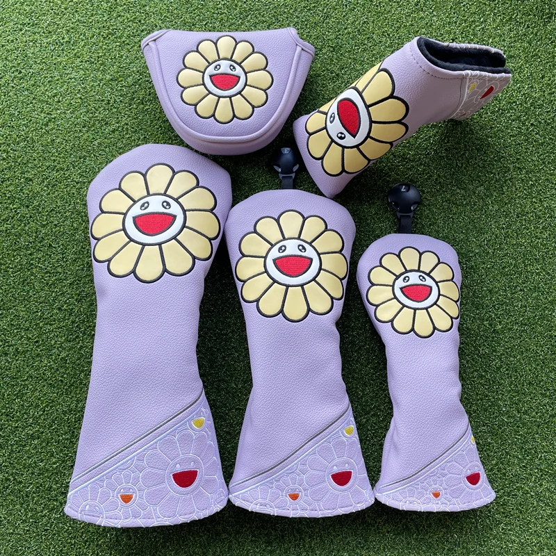 Şanslı ayçiçeği Golf Woods Headcovers sürücü Fairway atıcı için kapakları 135H kulüpleri Set kafaları PU deri Unisex