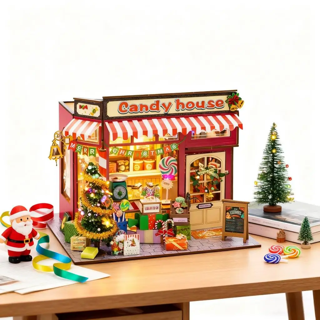 بيت الدمى الخشبي لعيد الميلاد يمكنك صنعه بنفسك مجموعة مصغرة مريحة لعيد الميلاد مع أثاث ديكور سطح الطاولة وعرض العطلات #2