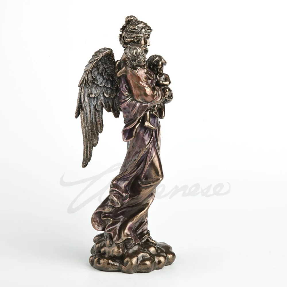 Resin Guardian Angel Statue Holding Two Cherubs Antique Bronze Finish Large Wings Flowing Robe Cloud Base Religious Sculpture