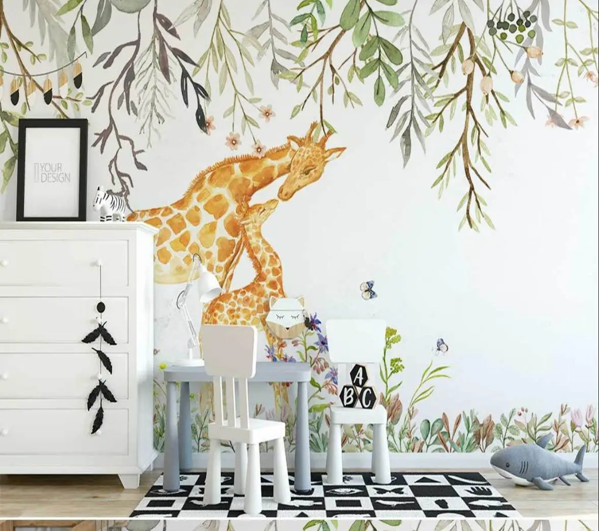 

Custom 3d wallpaper murals hand-painted romantic flowers and plants cute giraffe children's room fantasy background wall