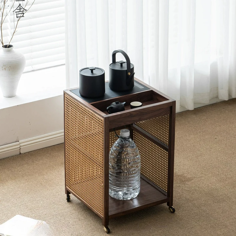 CX Mobile Tea Cabinet Black Walnut Solid Wood Cart Boiling Table Simple Small Tea Table