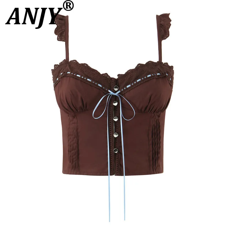 

ANJY Summer New Women Trendy Korean Style Lace-Up Bow Pleated Camisole Buttons Ins Hot Girl Slim Fit Short Sleeveless Top A19917