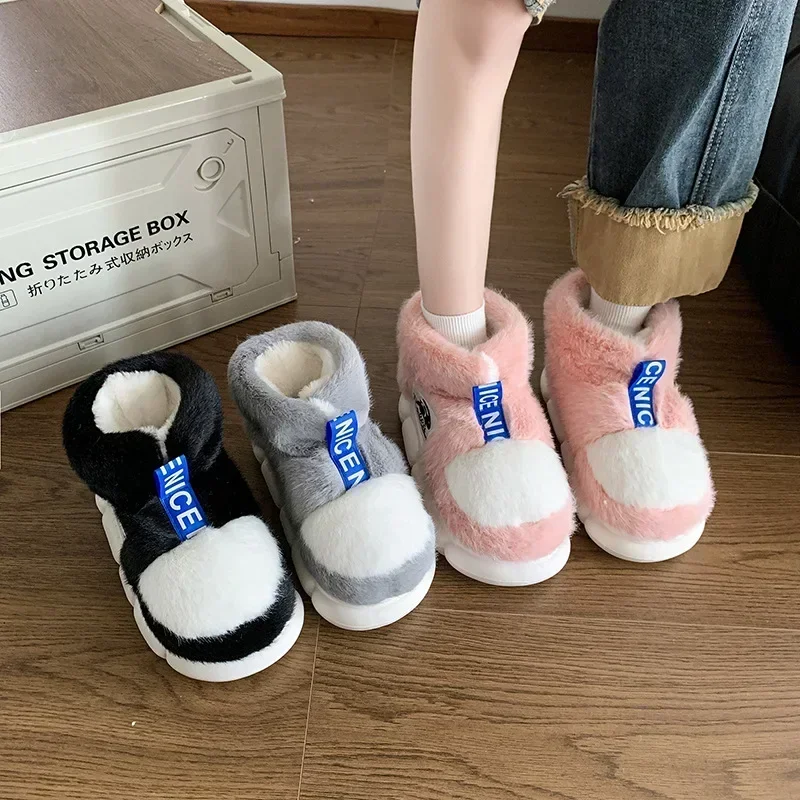 أرنب نعال من القطن الرجال الشتاء أحذية دافئة أفخم بطانة شبشب داخلي زوجين منصة عالية أعلى الثلوج الأحذية الذكور المنزل النعال #6