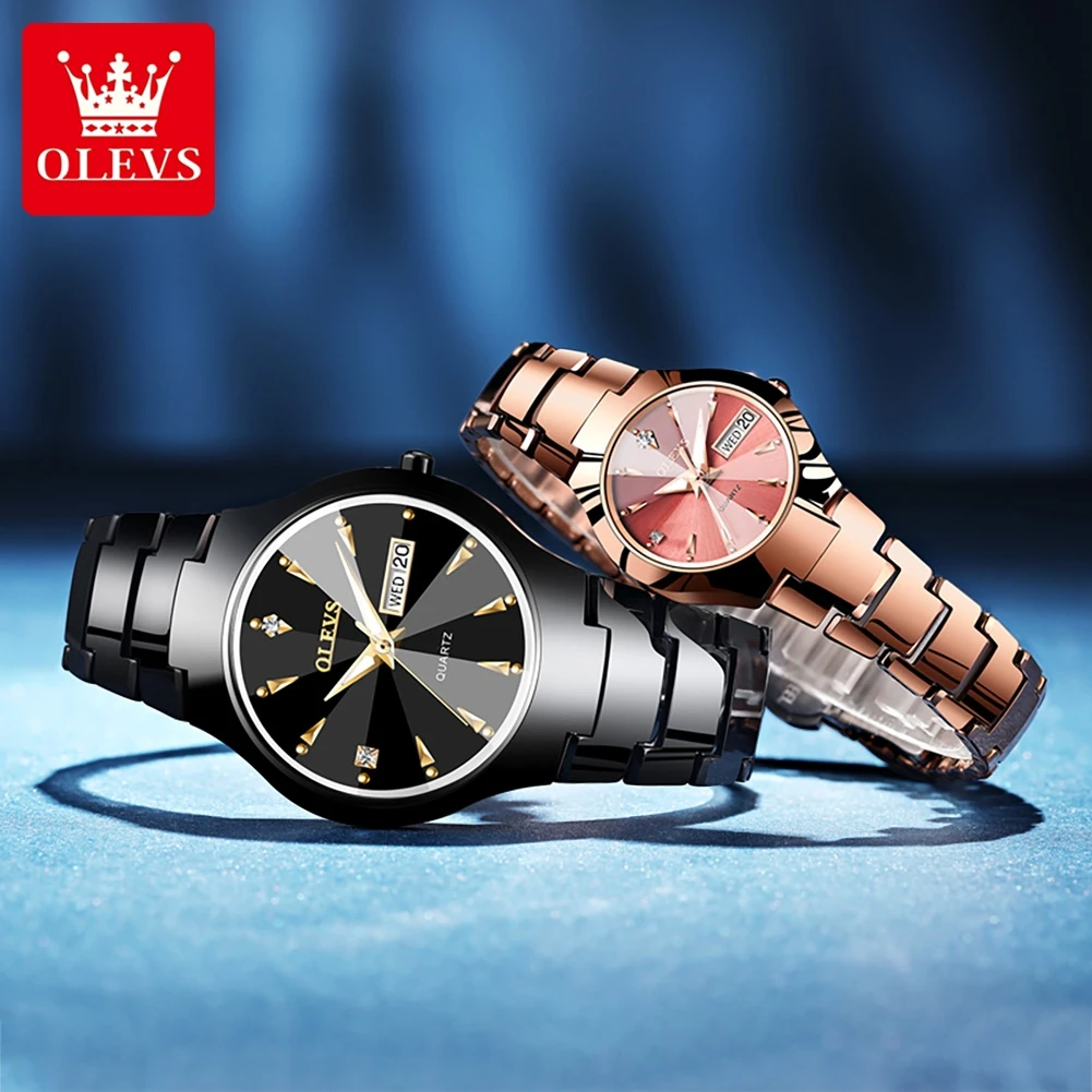OLEVS 8697 Luxury Couple Quartz Watch Movement Reloj Waterproof  Luminous Watch For Couple Dual Calendar Display Couple Watches