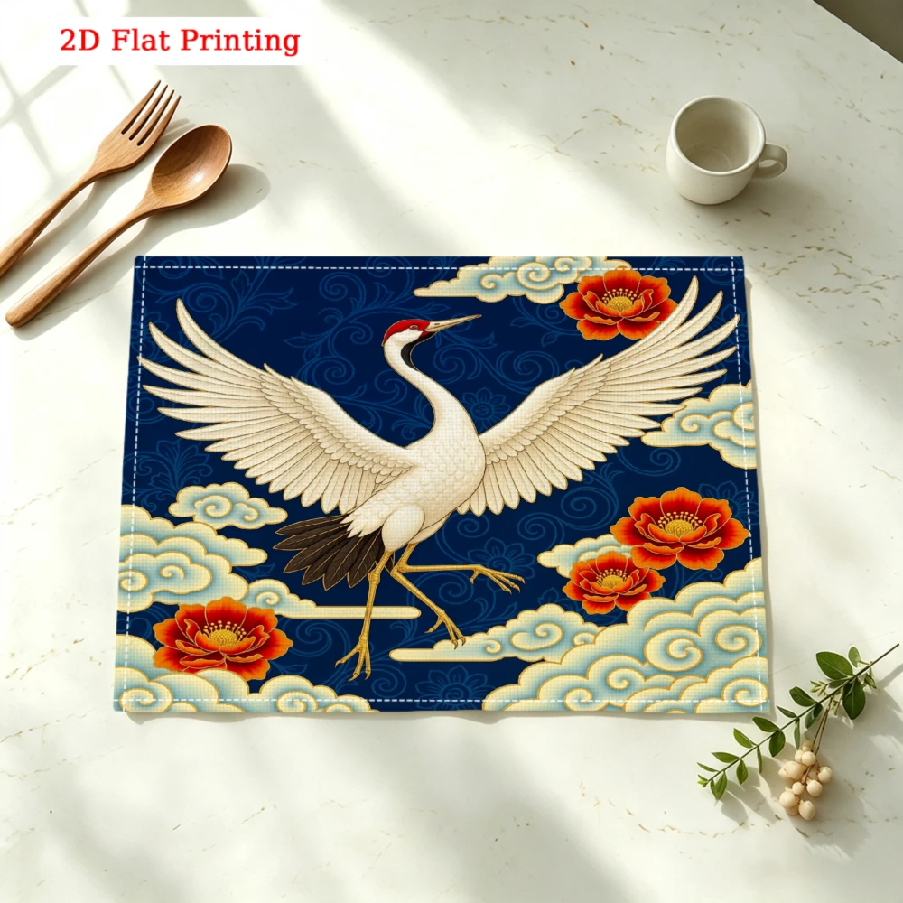 Crane Flying Among Clouds Flowers Kitchen Placemat Coaster Linen Pad Dish Coffee Cup Table Mat 30x40cm Home Decor