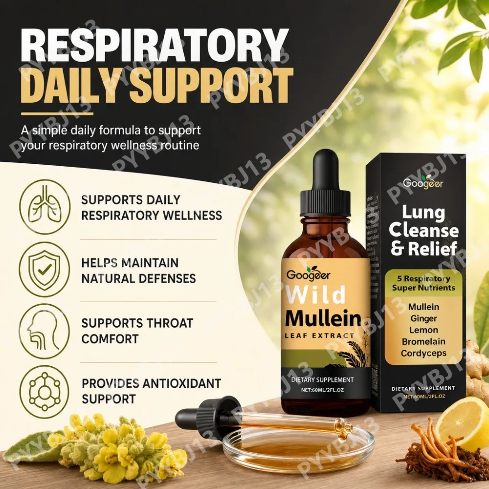 Googeer Respiratory Wellness Liquid Drops with Mullein Leaf Ginger Bromelain Lemon Peel and Cordyceps Daily Support 60 ml 30 Day