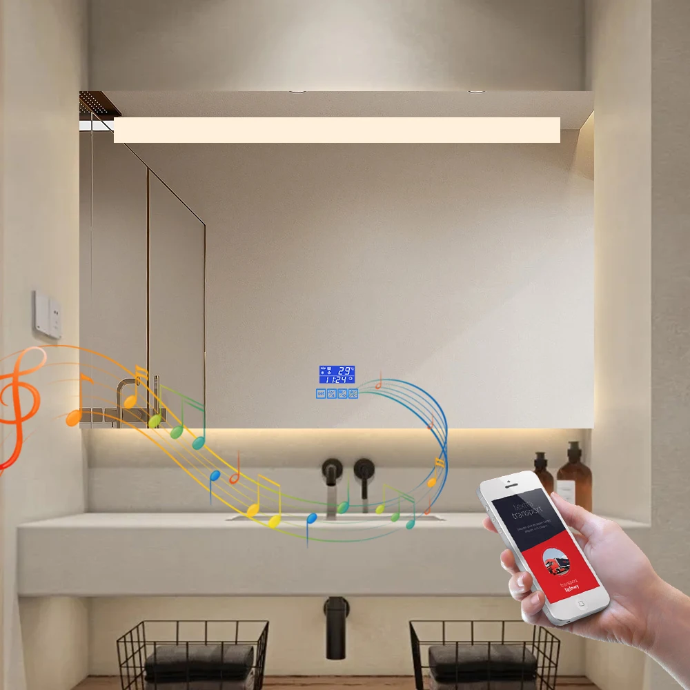 Large Rectangle LED Smart Bathroom Mirror Anti-Fog Time Temp Display Frameless Wall Mirror