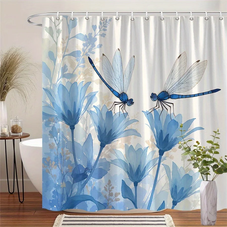 1pc Blue floral and dragonfly patterned shower curtain with hooks, made of polyester fabric, suitable for bathroom décor.