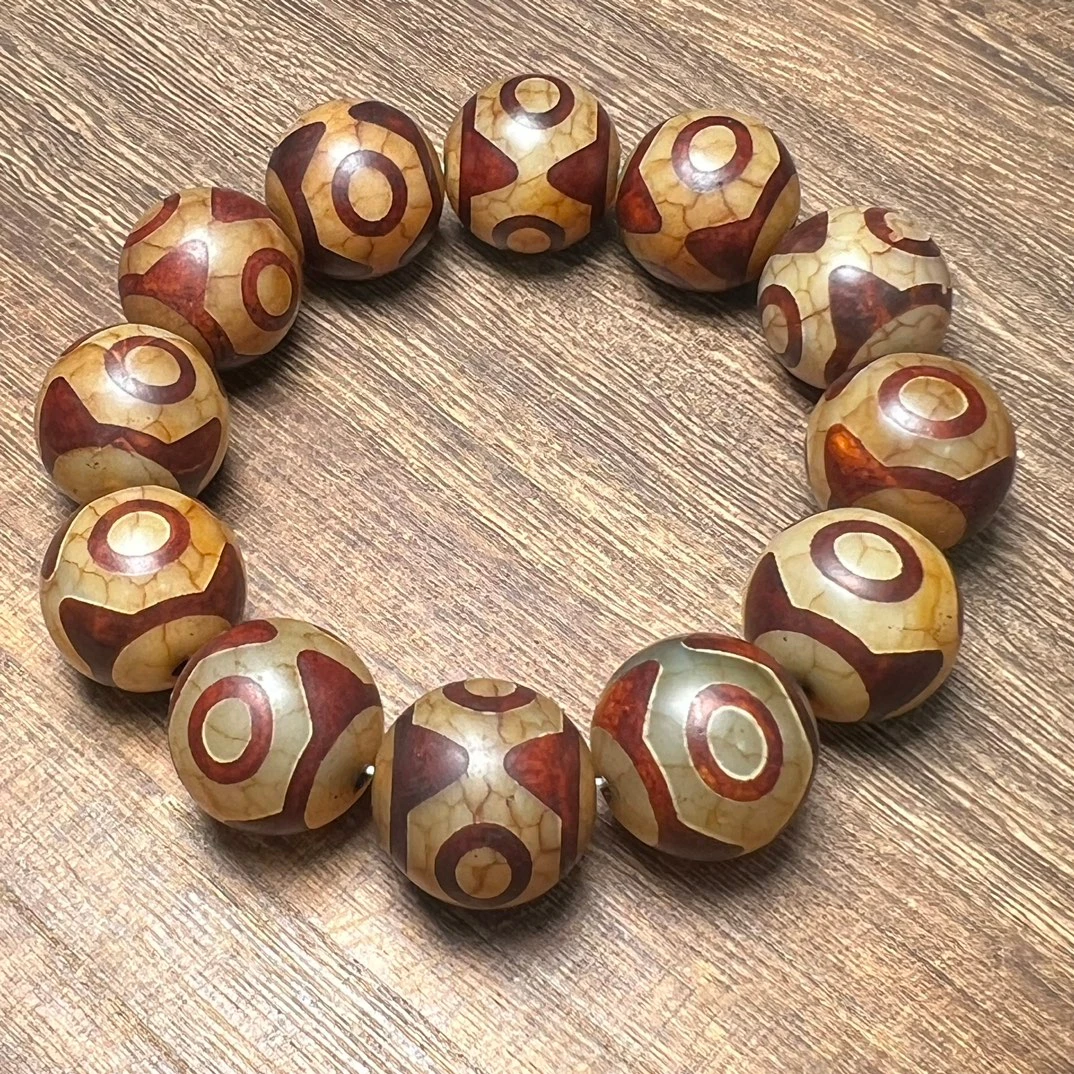 20mm Weathered Cracked Agate Three Eye Dzi Beads Bracelet Men Women Fine Jewelry Tibetan Buddhism Dzi Bead Fengshui Bracelets