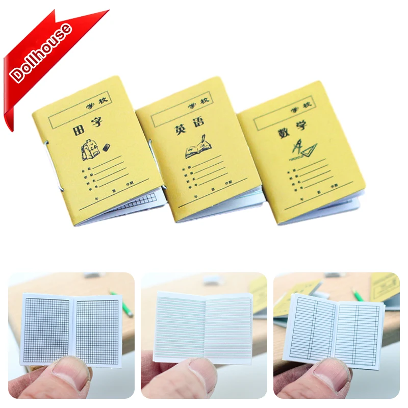 3 قطعة 1:12 دمية مصغرة كتاب تمرينات صغير الصينية الرياضيات الإنجليزية ممارسة الكتب ورقة دفتر نموذج مشاهد الحياة ديكور هدية