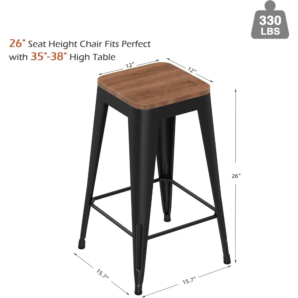 Juego de 4 taburetes de bar modernos industriales de metal blanco con tapas de madera para isla de cocina y asientos de cafetería con altura de mostrador