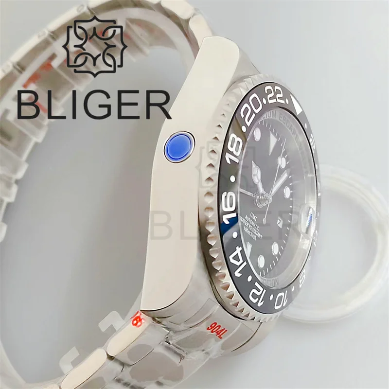 BLIGER 43mm SEA Dive Watch For Men GMT NH34 Automatic Luminous Bezel Black Dial AR Sapphire Glass With Magnified Date Waterproof