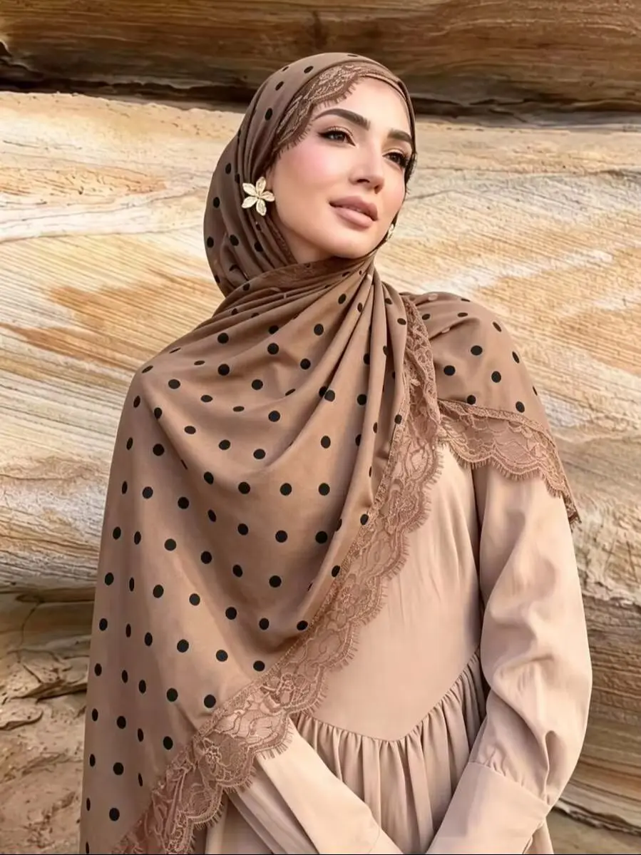 Eleganter Polka-Dot-Hijab, leichter Spitzen-Schal, Chiffon-Kopftuch, verziertes Kopftuch, klassischer Gebets-Hijab, langer Schal – Detail 1
