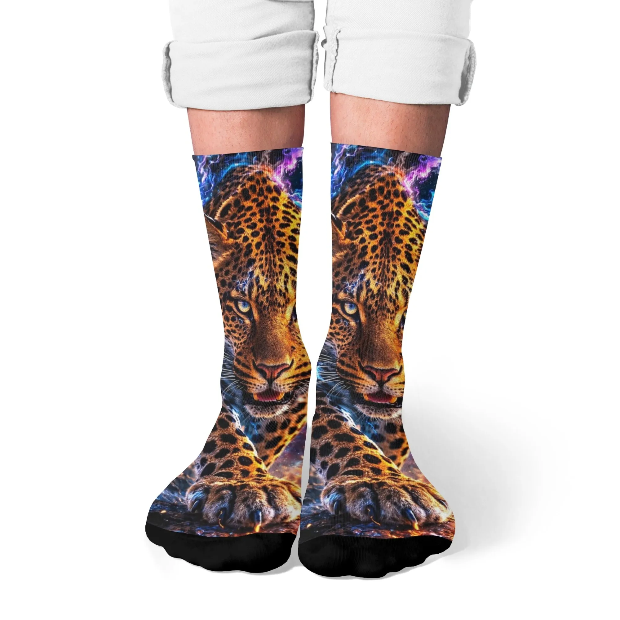Neon Lightning Leopard Men's Socks Cyberpunk Style Novelty Funny Hip-hop Socks Breathable Non-slip Casual Fashion Socks Gift