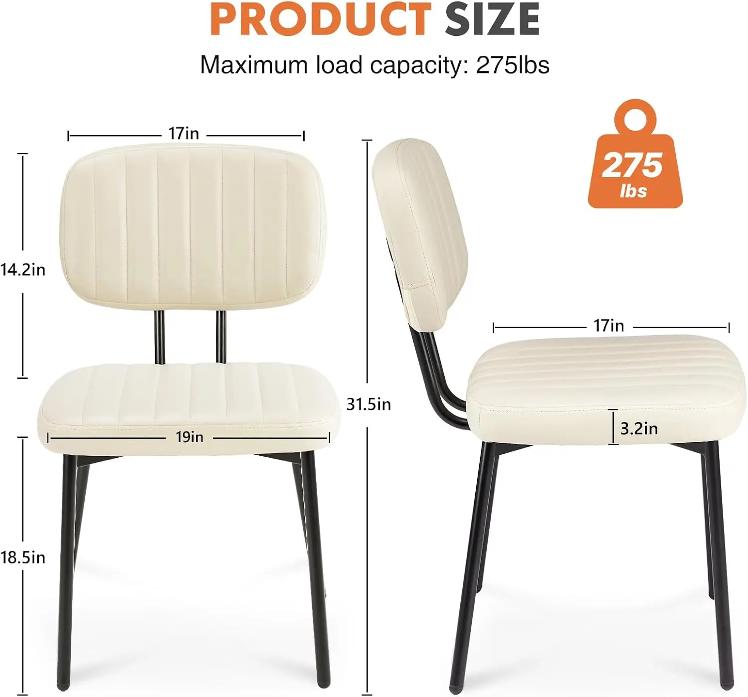 Dining Chairs Set of 2, Upholstered Mid Century Modern Kitchen Accent Chairs with Faux Leather Cushion Seat & Metal Legs for Home Office, Living Room-Beige White