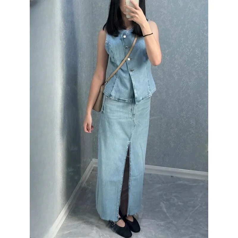 

Women's High Waist Skirt Suit Denim Button Vest Waistcoat with Front Pocket for Spring Summer Fashion Holiday Leisure Street Sty