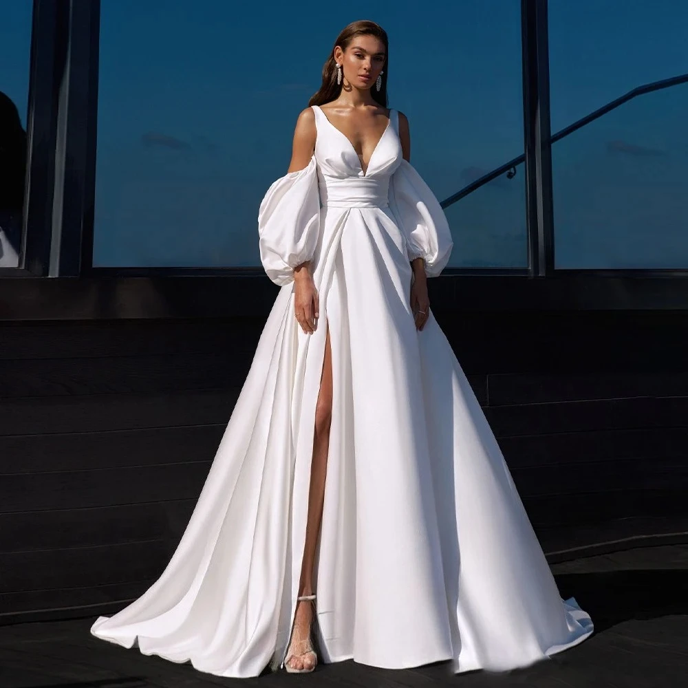 Customized Deep V Satin A Line Wedding Detachable Puff Sleeves Laced Rear High Thigh Soft Sweep Trail Graceful Bridal