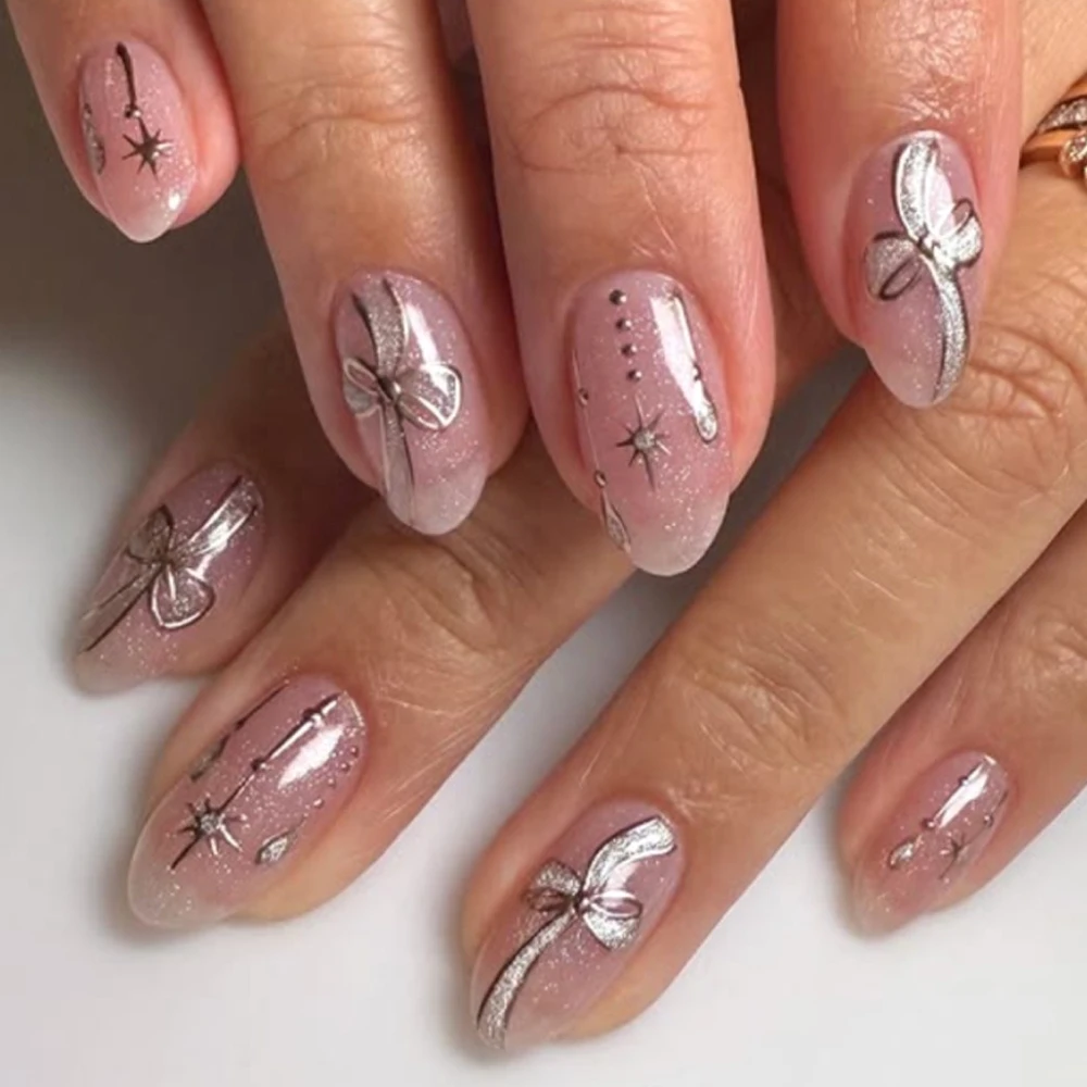 

Hand Drawn Lines Star Bowknot Glitter Powder Nail Art Bohemia Style Fake Nails Detachable Finished False Nails Press on Nails