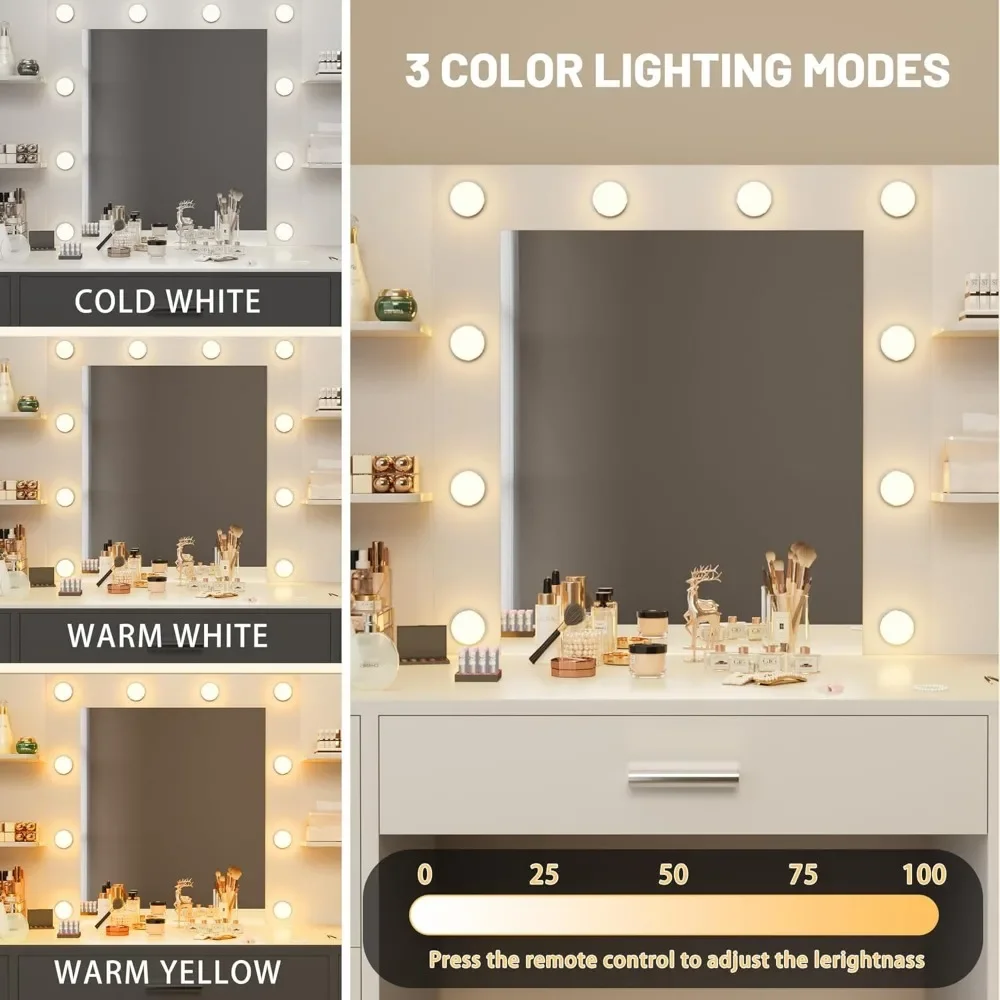 مكتب فانيتي مع مرآة، وأضواء LED وطاولة مكياج بمنفذ طاقة مع 7 أدراج، ومجموعة زينة هوليوود مع/6 أرفف وبناء #3