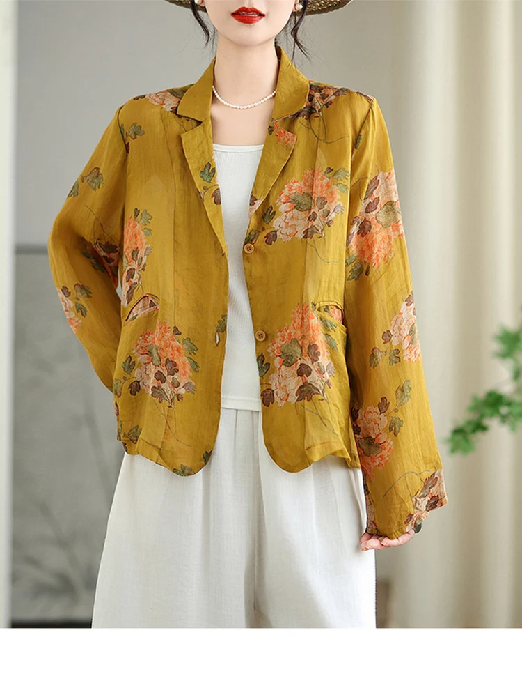 Elegant Floral Print Cotton Linen Blouse Women's Summer Thin Loose Versatile Small Size Linen Material Top Breathable Long Sl...