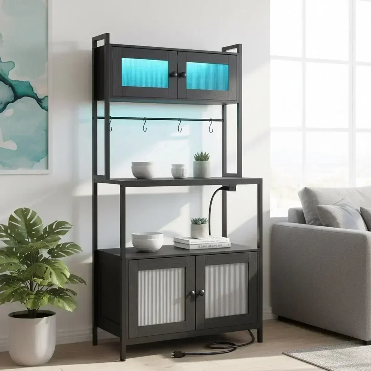 Large Kitchen Baker Rack 5-Tier Storage Cabinet Coffee Bar Microwave Stand LED Lights Black