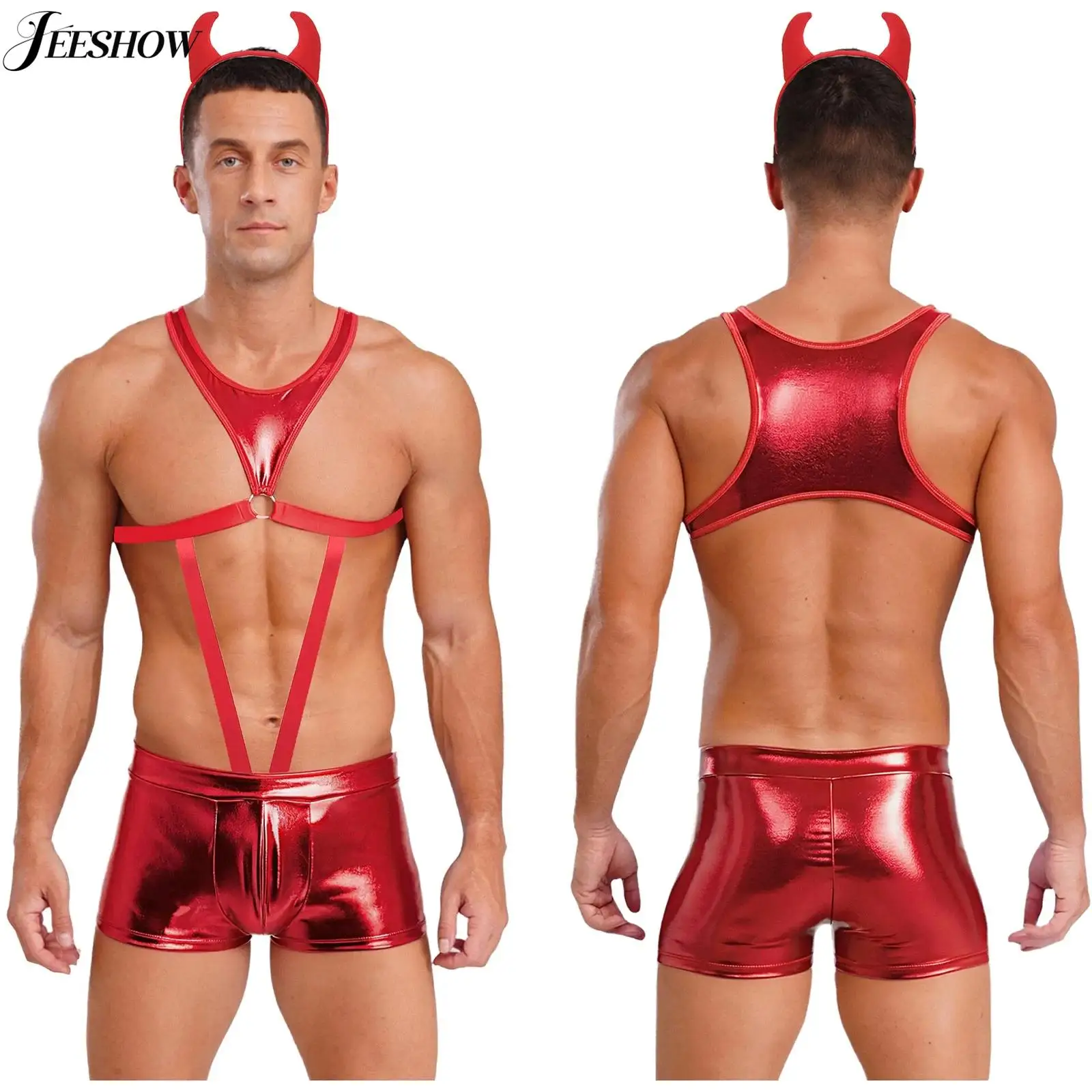 

Mens Devil Lingerie Costume Shiny Metallic Hollow Out Harness Bodysuit with Headwear Demon Cosplay One Pieve Outfits Nightwear
