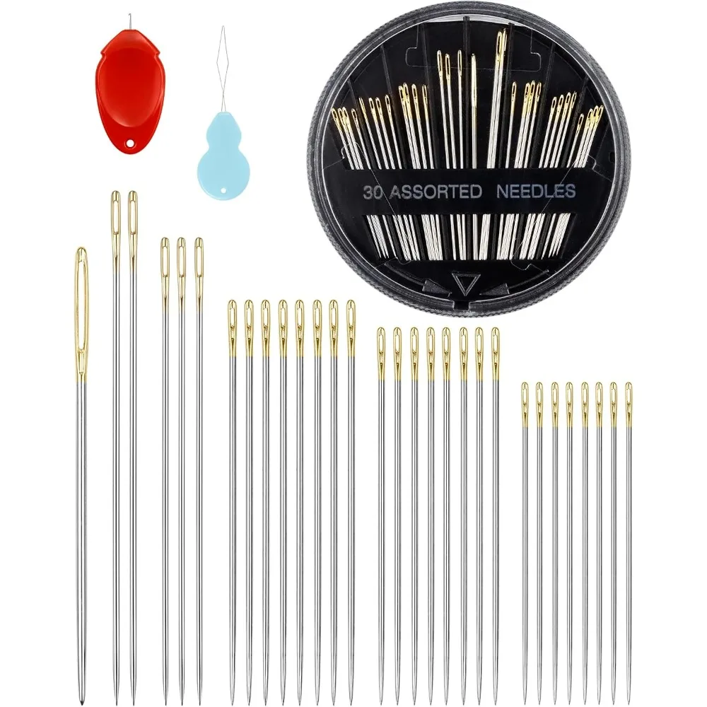 30-Count Steel Hand Sewing Needles Set 6 Sizes Large Eye Embroidery Quilting Needles Kit with Threaders for Craft Art Projects view 2