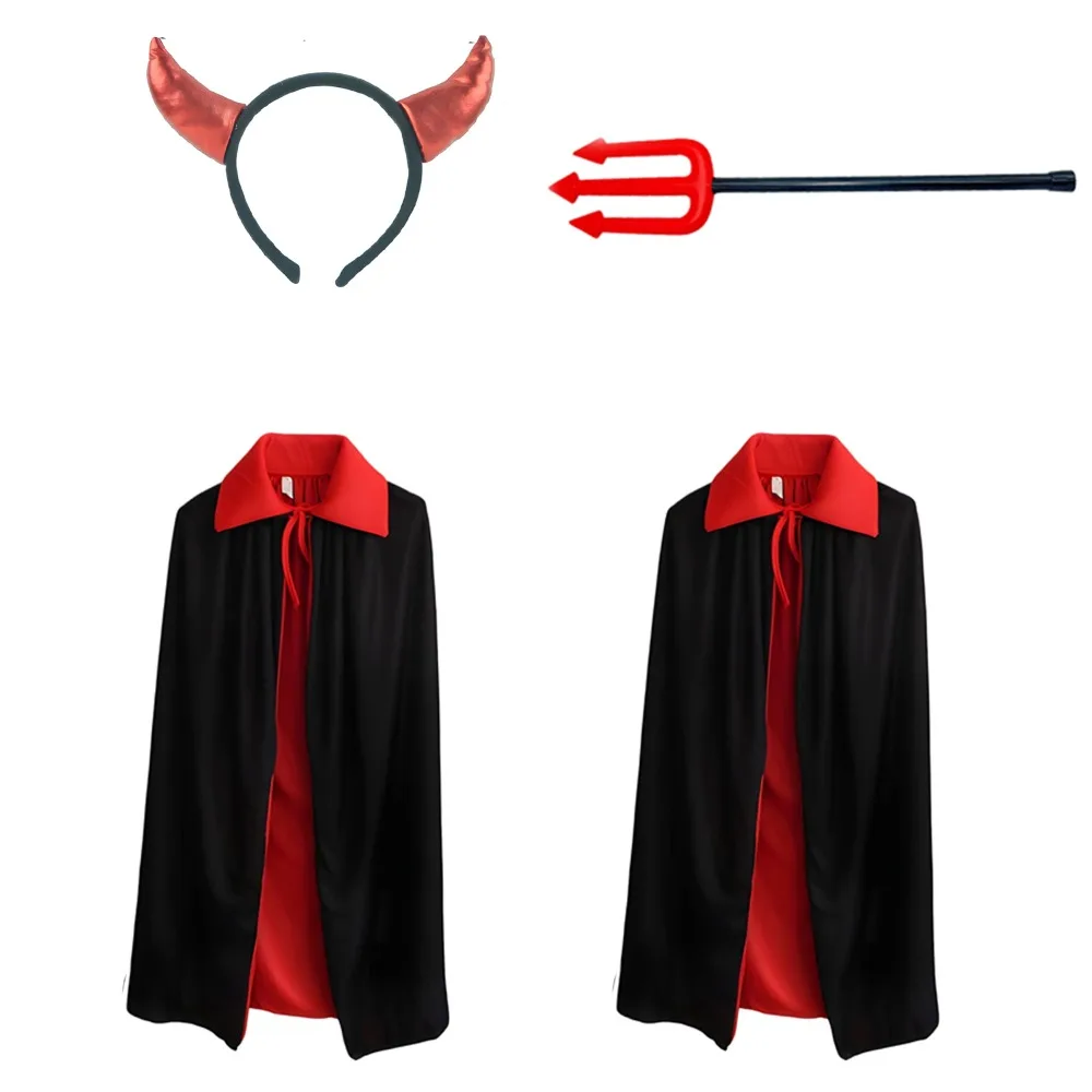 

Комплект праздничного наряда PESENAR на тему дьявола (включая повязка на голову с рогом, трезубец, красно-черный двусторонний плащ)