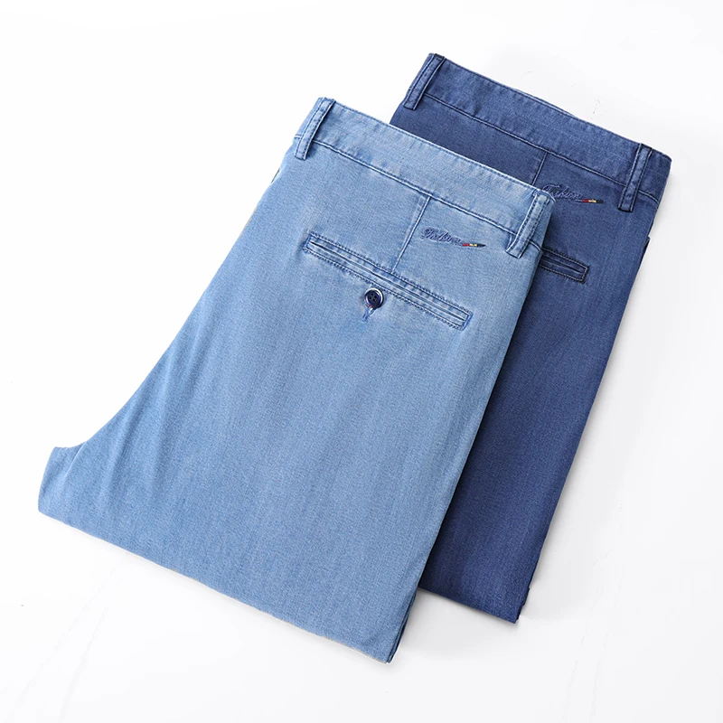 Pantalones vaqueros de negocios de alta gama para hombre, pantalón holgado, recto, elástico, azul claro, profesional, novedad de verano, 2024