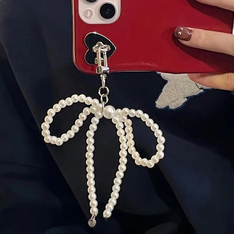 Instagram Pearl Phone Pendant Chain Personalized Y2K Cool Style Girls Bow Hanging Chain for IPhone SamsungCamera Bag Keychain