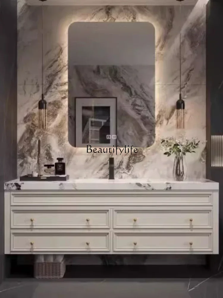

LFrench light luxury bathroom cabinet combination solid wood rock slab washbasin American retro