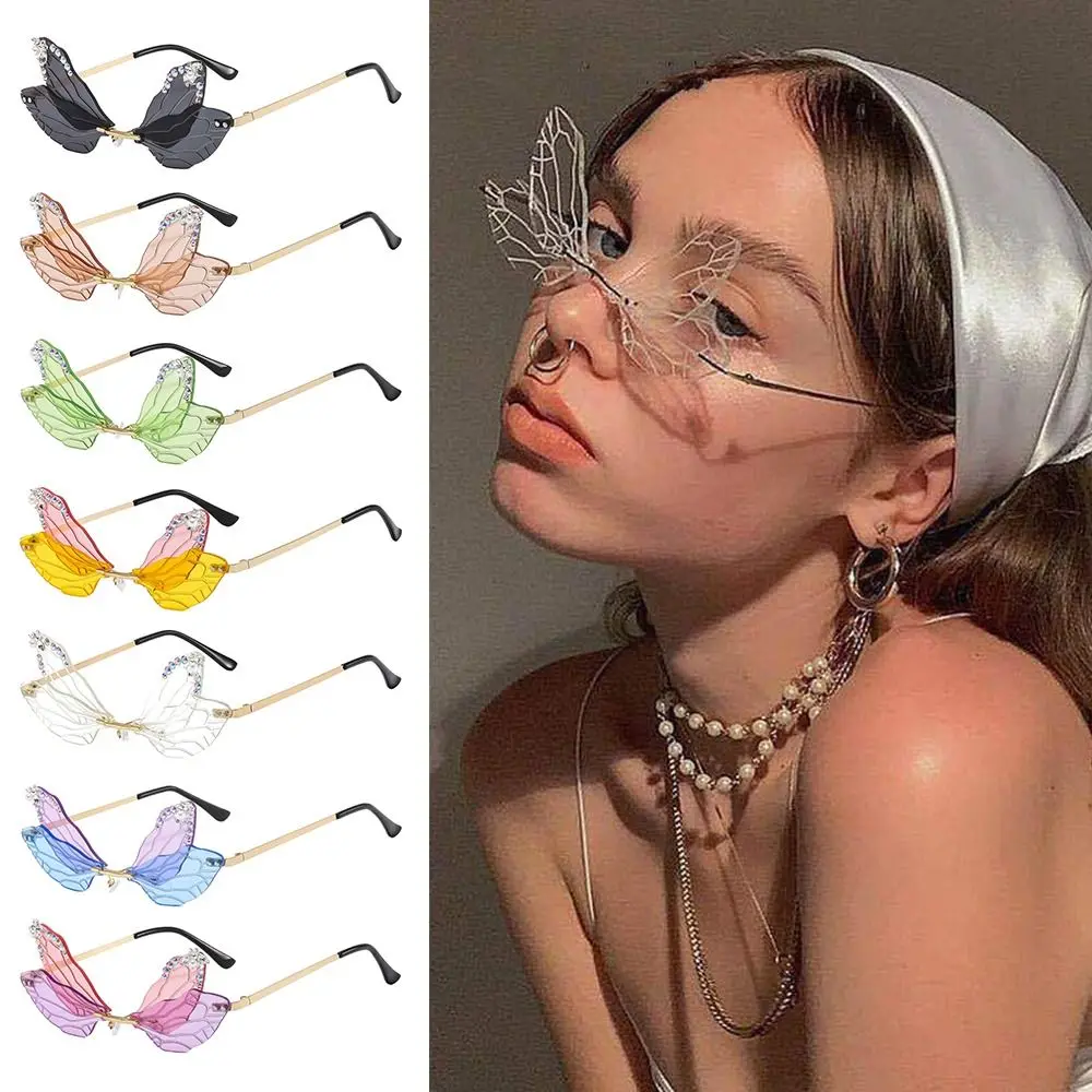 

Trendy Eyewear Irregular Rimless Dragonfly Wing Sunglasses Diamond Sun Glasses Shades Bling