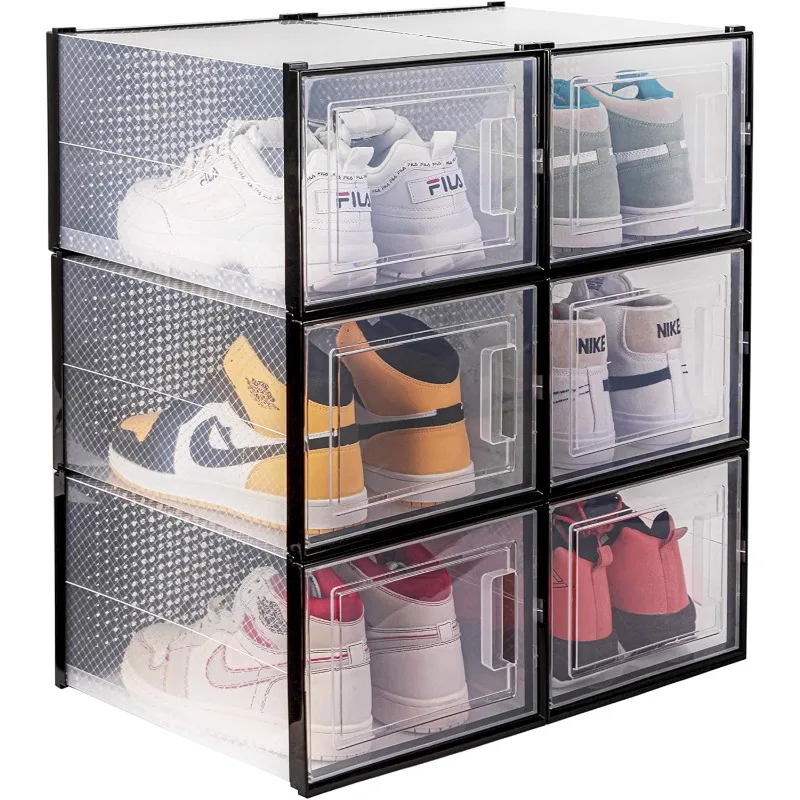 

6 Pack Extra Large Clear Plastic Shoe Box Storage Organizer - Stackable, Breathable, Front Opening door, Multiple Configurations