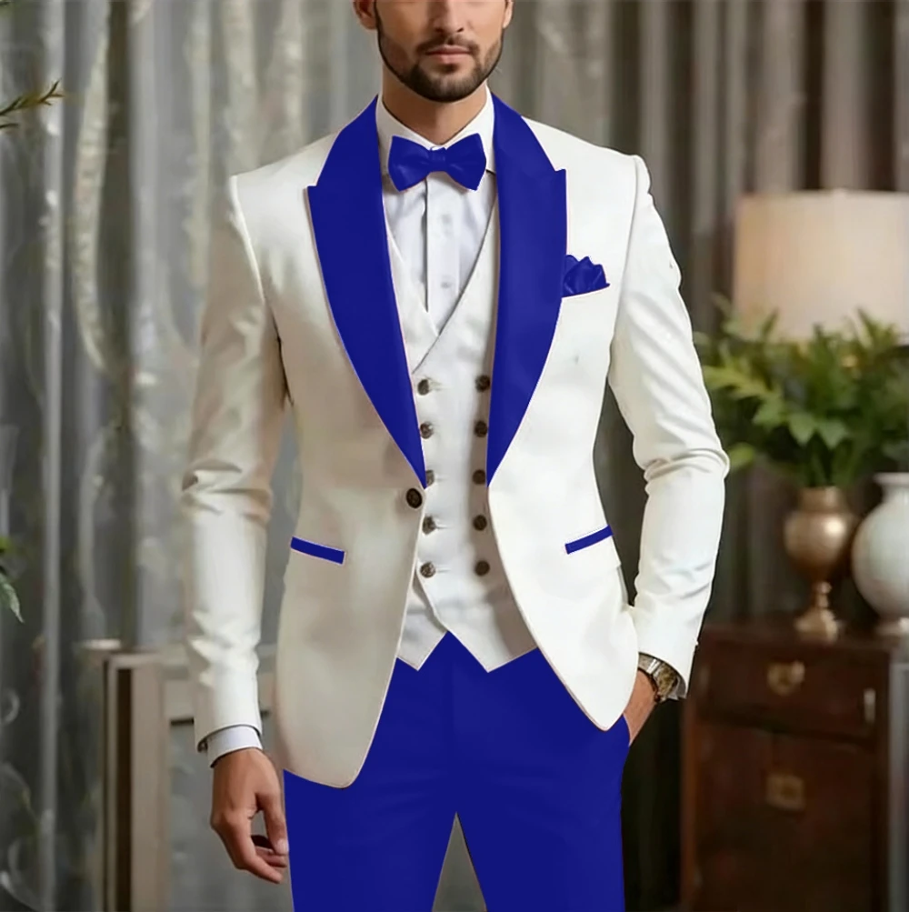 3 Pcs Color-block Men's Suits Slim Fit Formal Wedding Groom Prom Dress Costume Blazer Vest Pants Sets Homme Terno Masculino