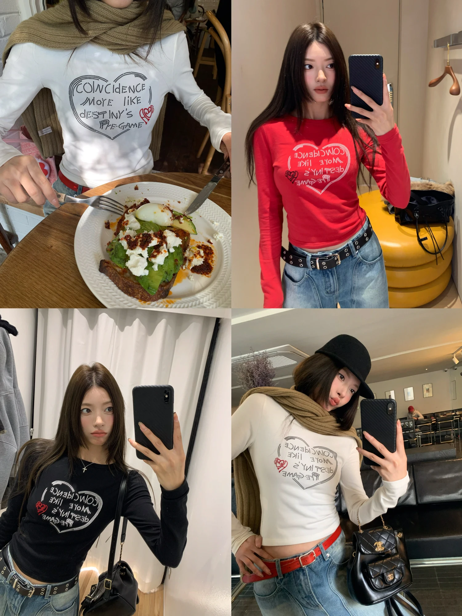 

Fce-Like round Ne T-irt Rhinestone Print Inner Wear Stand Fit Long Sve ort Length Love Letter Pattern Women's Top