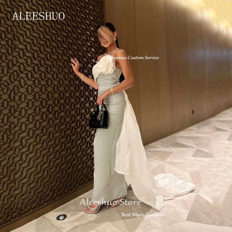 Aleeshuo Exquisite Straight Dubai Arabia Prom Dress Sleeveless Evening Dress Strapless With Flower Pleat Ankle-Length Party Gown