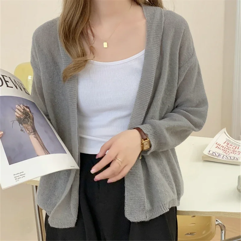 

Summer autumn Knitted Cardigan casual loose lazy loose Hollow soild color long-sleeved air-conditioned shirt sweater Cardigan