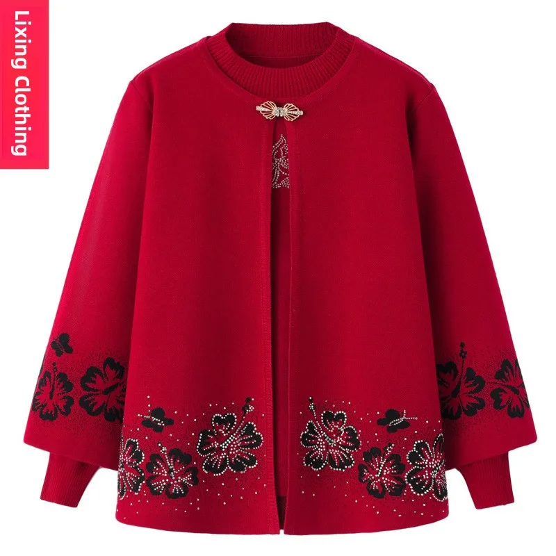 

Весенне-осенний женский вязаный свитер, комплект из двух предметов для мам: кардиган и пальто для женщин среднего и пожилого возраста