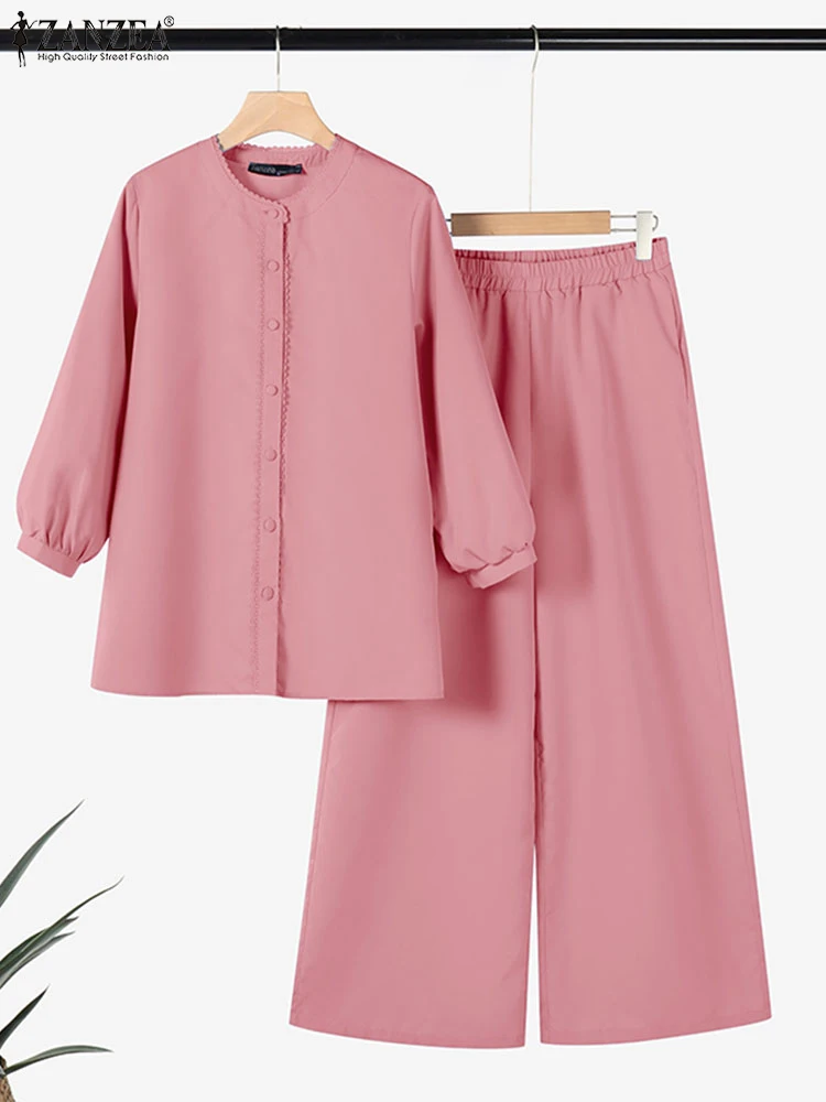 ZANZEA Frühling Hosen Anzug Elegante 3/4 Hülse Bluse Hose Sets Frauen Solide Arbeit Passenden Sets Sommer Trainingsanzüge 2 stücke Outfits