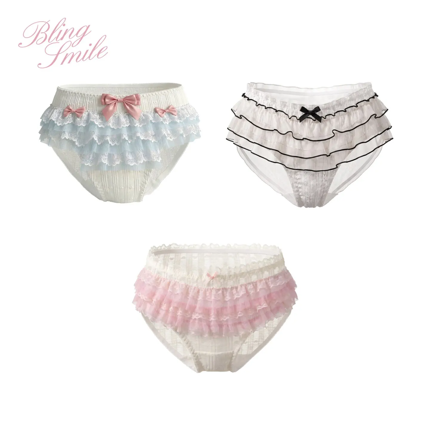 Lolita Women French Floral Print Panties Lace Ruffle Tulle Briefs Side Tie Design Soft Low Rise Ladies Underwear