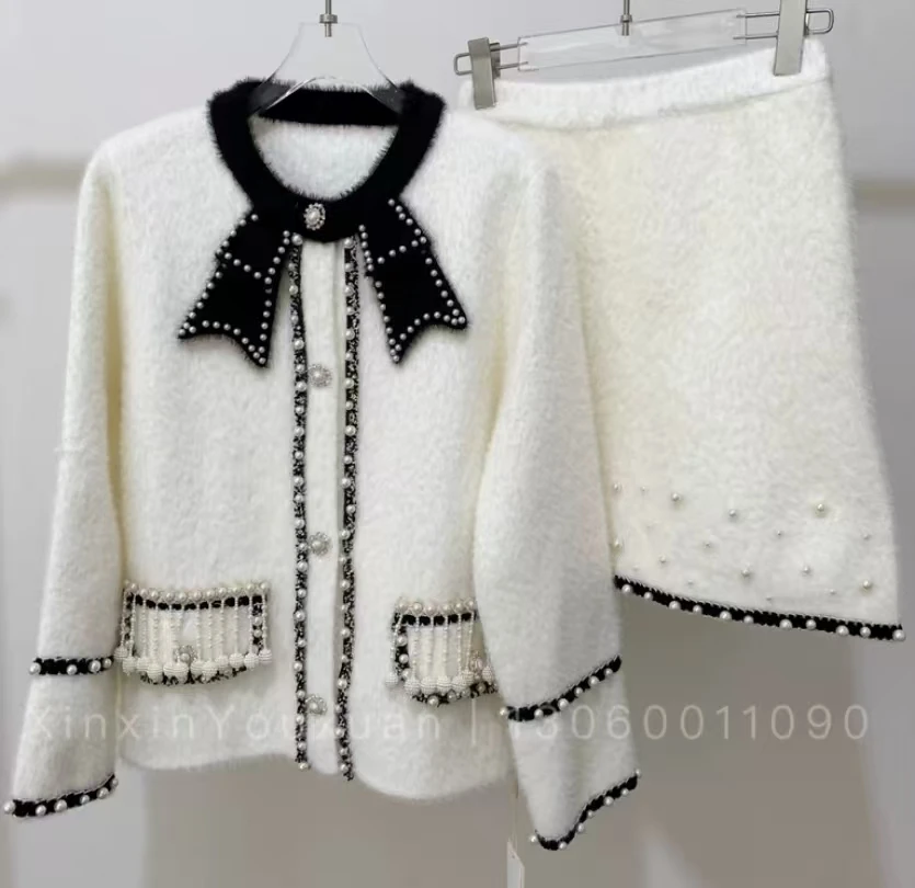 New In Luxury Winter Fall Sets Pears Beaded Thick Knitted Coat Jacket + Beaded Nailed Mini Short Knitwear Skirt 2pcs Set Outfits