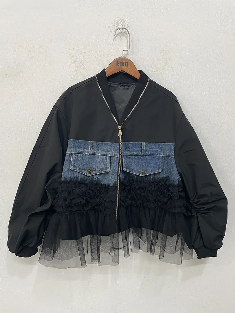 MooQ-Veste en denim à manches longues pour femme, blouson à ourlet en maille épissée, avec fermeture éclair, style décontracté, collection