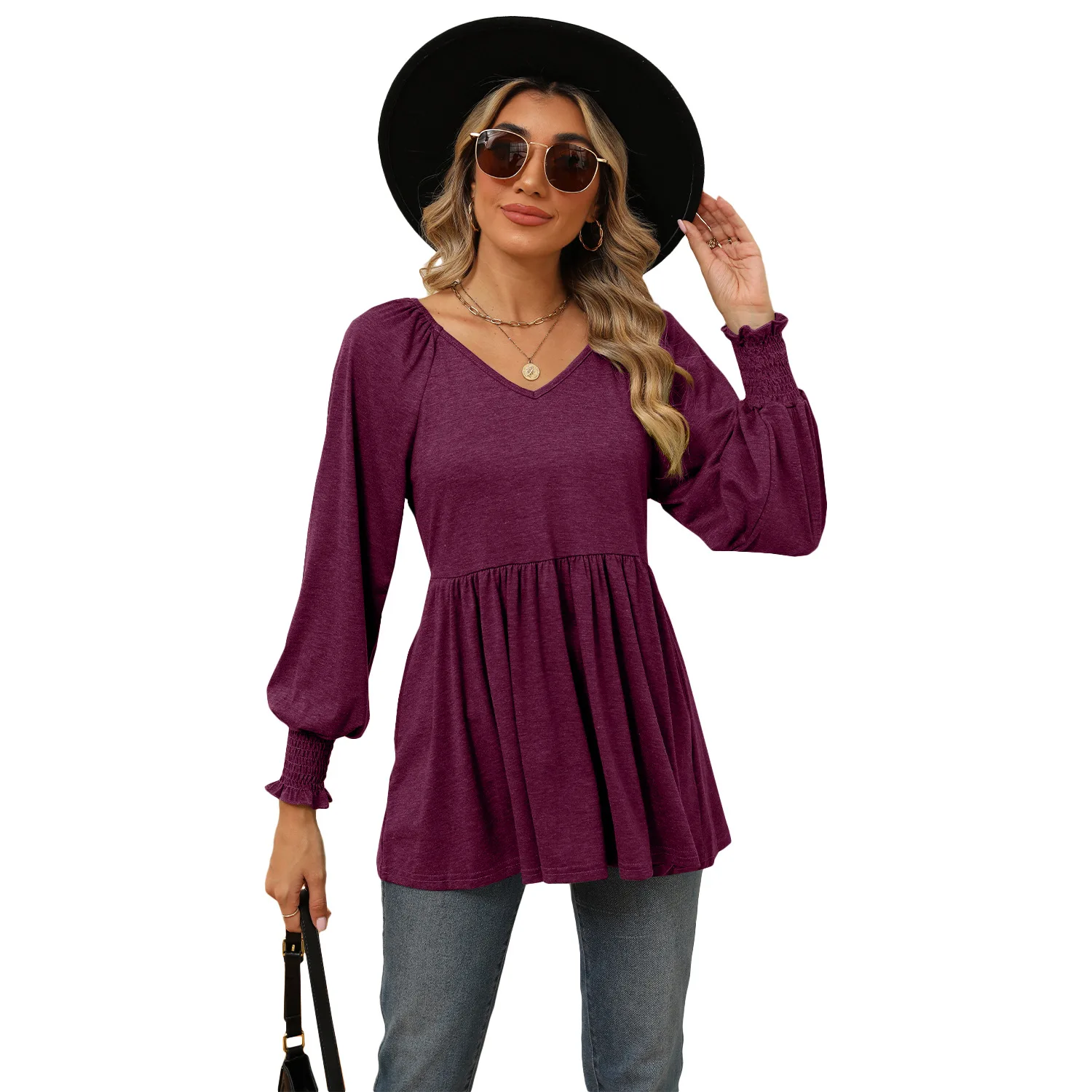 New V-neck Bubble Long Sleeved Waistband Top T-shirt for Women