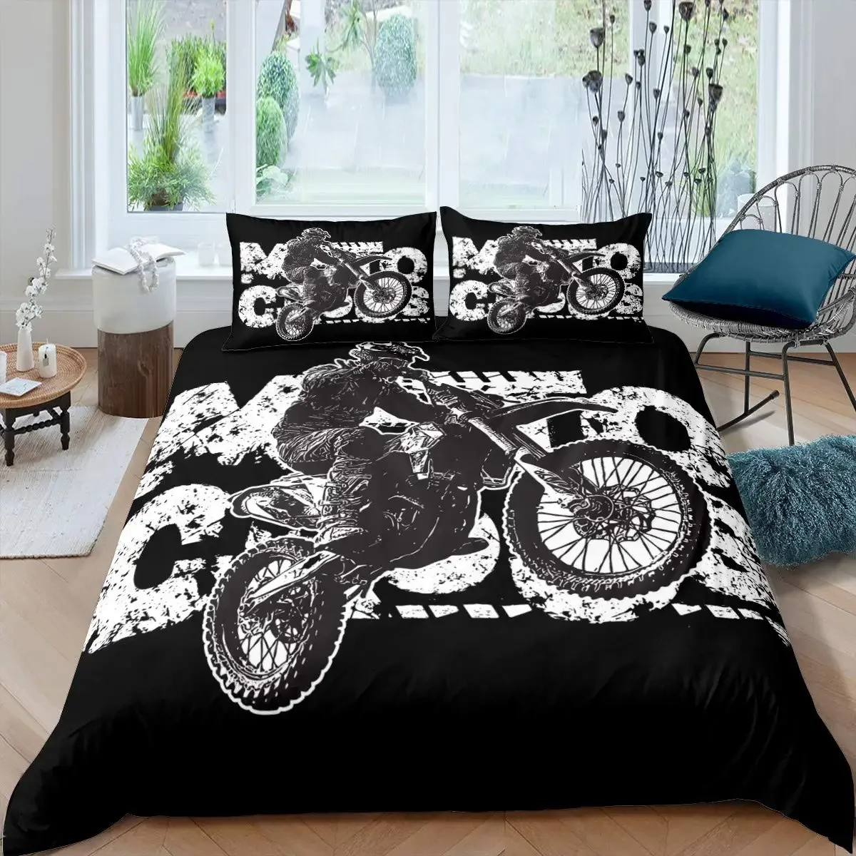 3D Motocross Rider Duvet Cover Set Microfiber Red Black Dirt Bike Extreme Sports Theme Motorcycle Pattern Bedding Set King Size