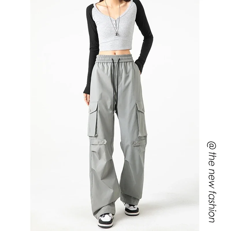 일본 레트로 여성 Y2K 카고 바지 캐주얼 헐렁한 스웨트 팬츠 Kpop 넓은 다리 Drawstring 방수 특대 여성 주머니 조깅